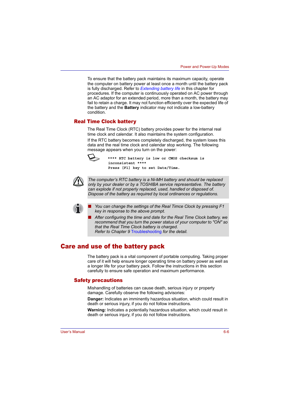 Real time clock battery, Care and use of the battery pack, Safety precautions | Real time clock battery -6, Care and use of the battery pack -6, Safety precautions -6 | Toshiba Tecra A2 User Manual | Page 104 / 198