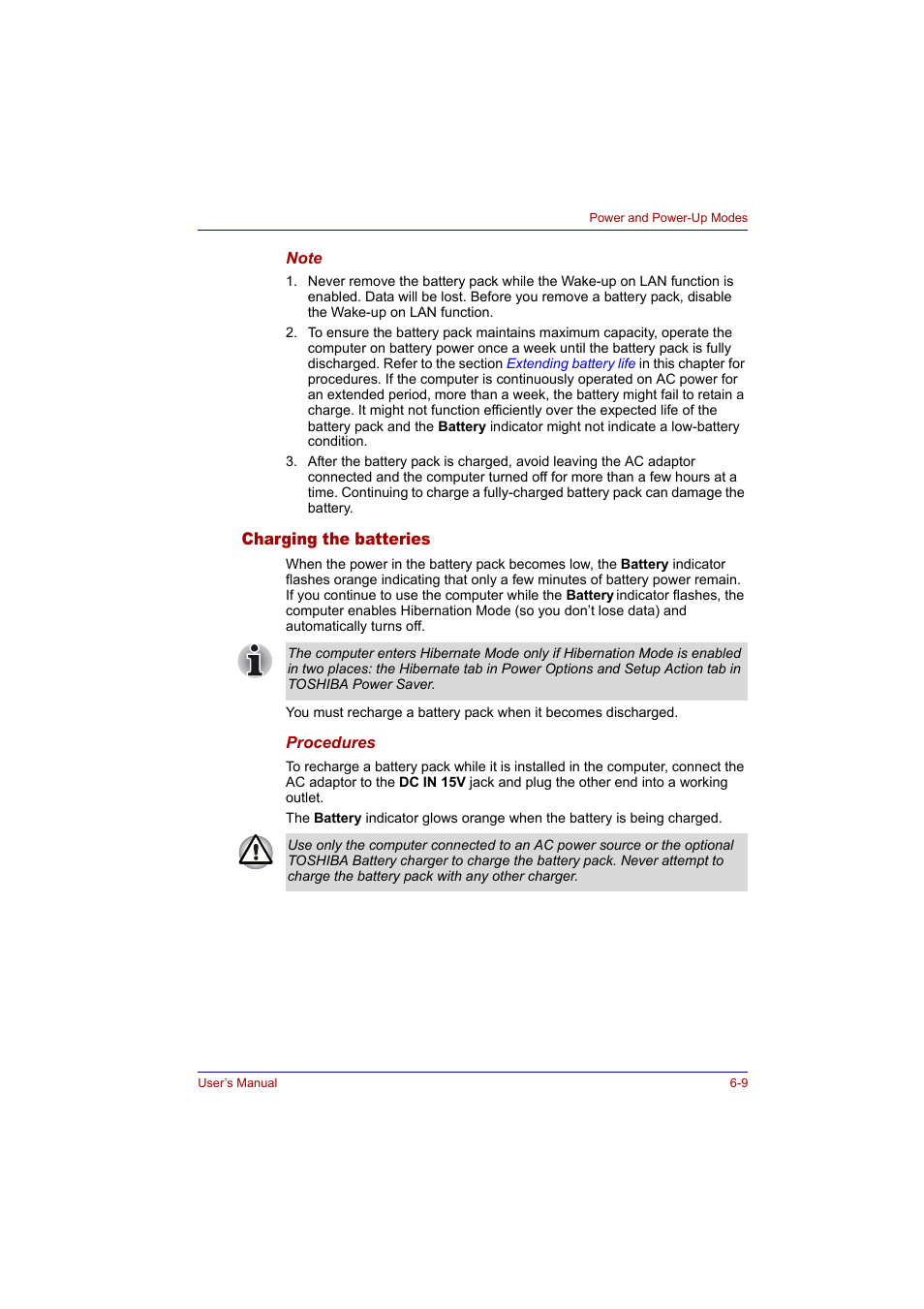 Charging the batteries, Charging the batteries -9 | Toshiba Tecra A2 User Manual | Page 107 / 198