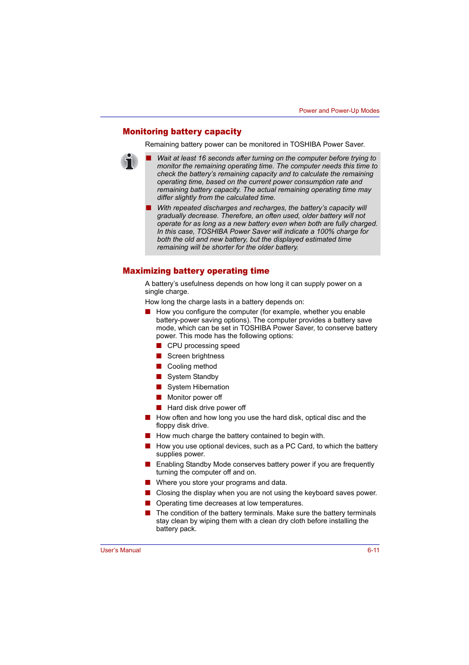 Monitoring battery capacity, Maximizing battery operating time | Toshiba Tecra A2 User Manual | Page 109 / 198