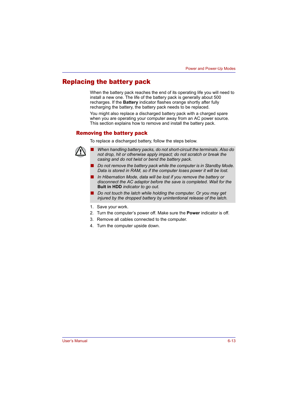 Replacing the battery pack, Removing the battery pack, Replacing the battery pack -13 | Removing the battery pack -13 | Toshiba Tecra A2 User Manual | Page 111 / 198