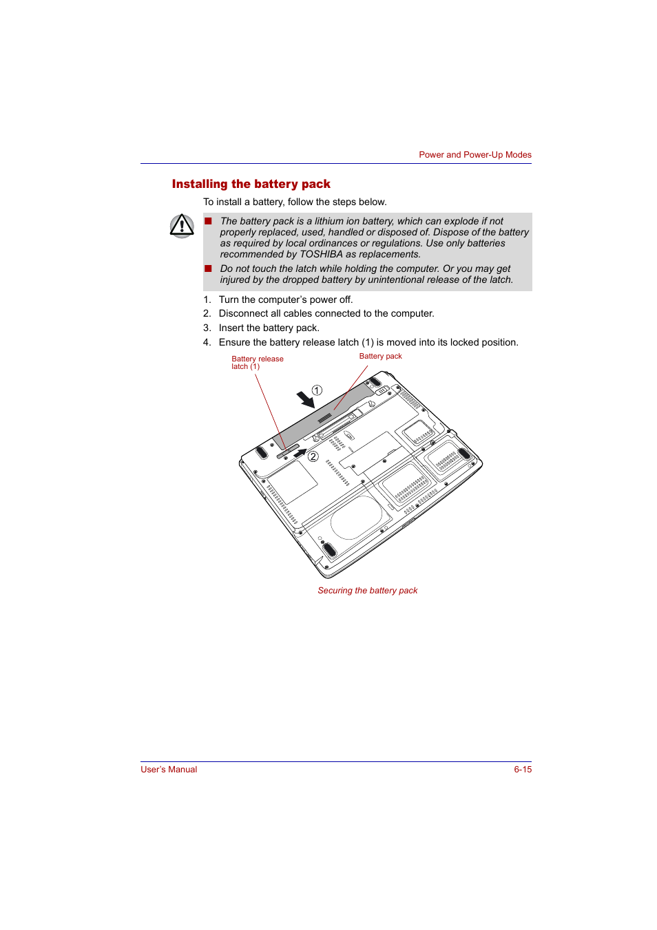 Installing the battery pack, Installing the battery pack -15 | Toshiba Tecra A2 User Manual | Page 113 / 198