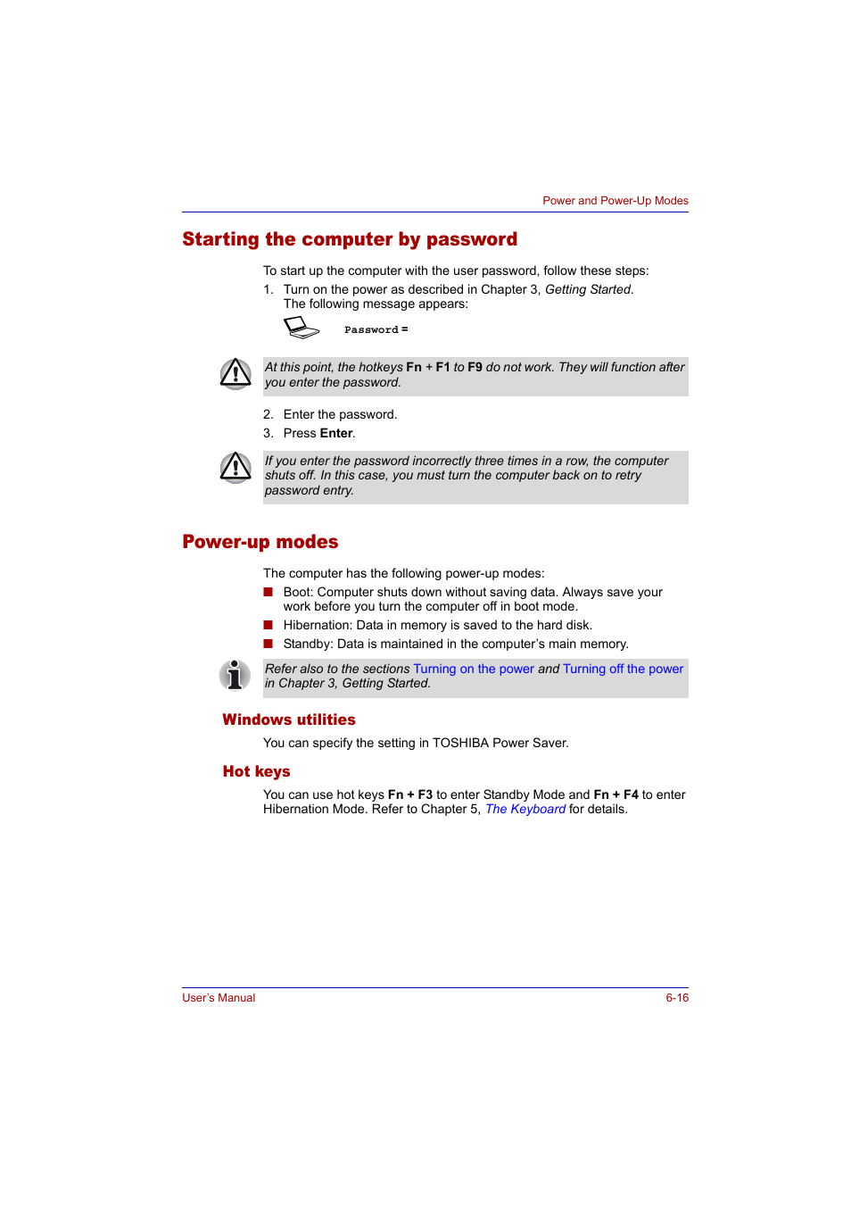 Starting the computer by password, Power-up modes, Windows utilities | Hot keys, Windows utilities -16 hot keys -16 | Toshiba Tecra A2 User Manual | Page 114 / 198