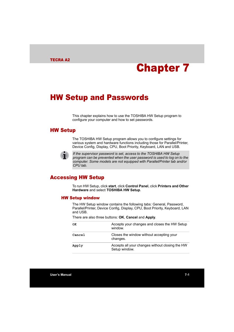 Chapter 7 hw setup and passwords, Hw setup, Accessing hw setup | Hw setup window, Hw setup and passwords, Hw setup -1, Accessing hw setup -1, Hw setup window -1, Hw setup and, Passwords | Toshiba Tecra A2 User Manual | Page 116 / 198