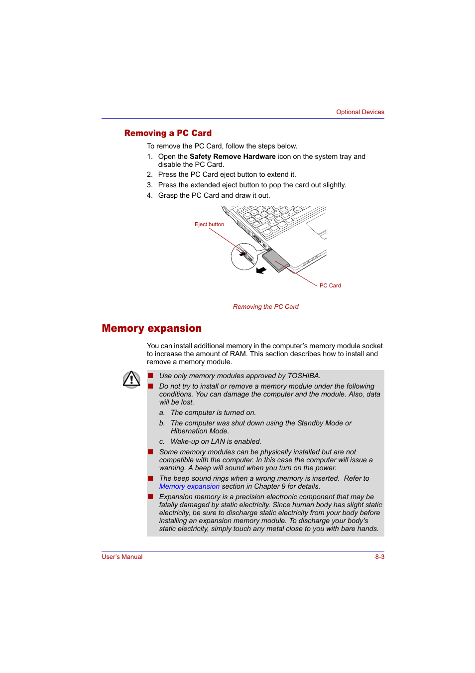 Removing a pc card, Memory expansion, Removing a pc card -3 | Memory expansion -3 | Toshiba Tecra A2 User Manual | Page 127 / 198