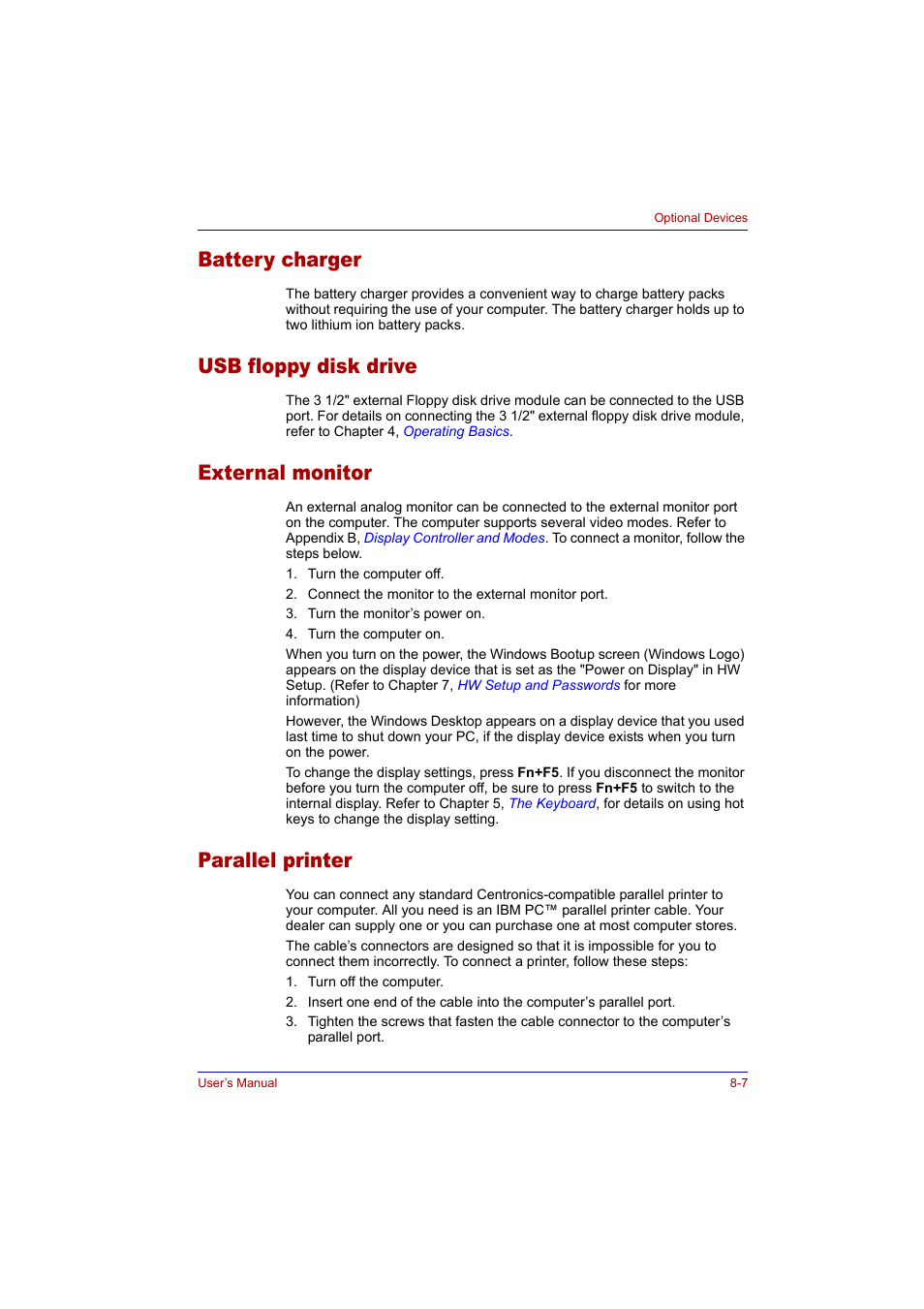 Battery charger, Usb floppy disk drive, External monitor | Parallel printer | Toshiba Tecra A2 User Manual | Page 131 / 198