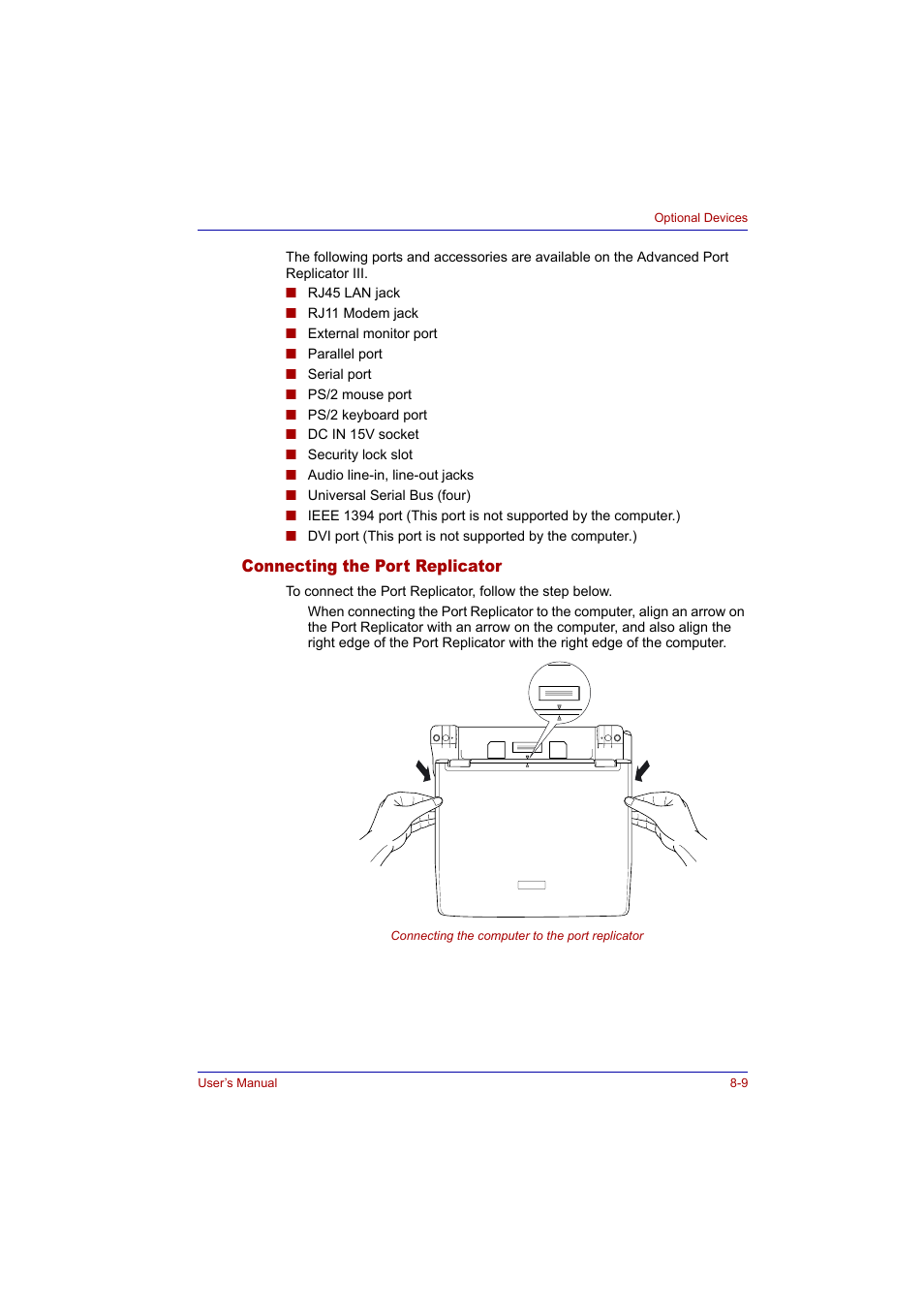 Connecting the port replicator, Connecting the port replicator -9 | Toshiba Tecra A2 User Manual | Page 133 / 198