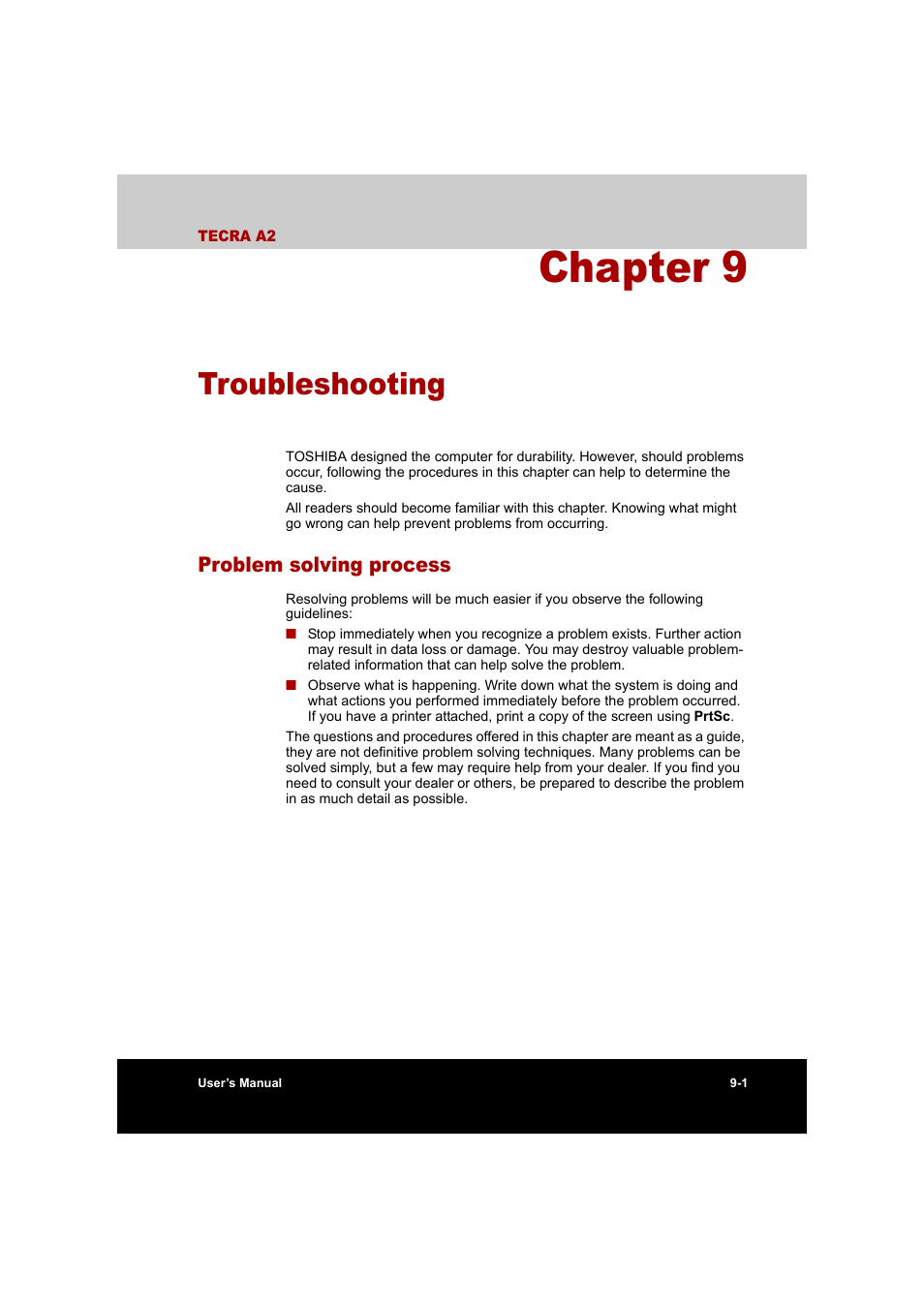 Chapter 9 troubleshooting, Problem solving process, Troubleshooting | Problem solving process -1, Apter 9, Chapter 9 | Toshiba Tecra A2 User Manual | Page 135 / 198