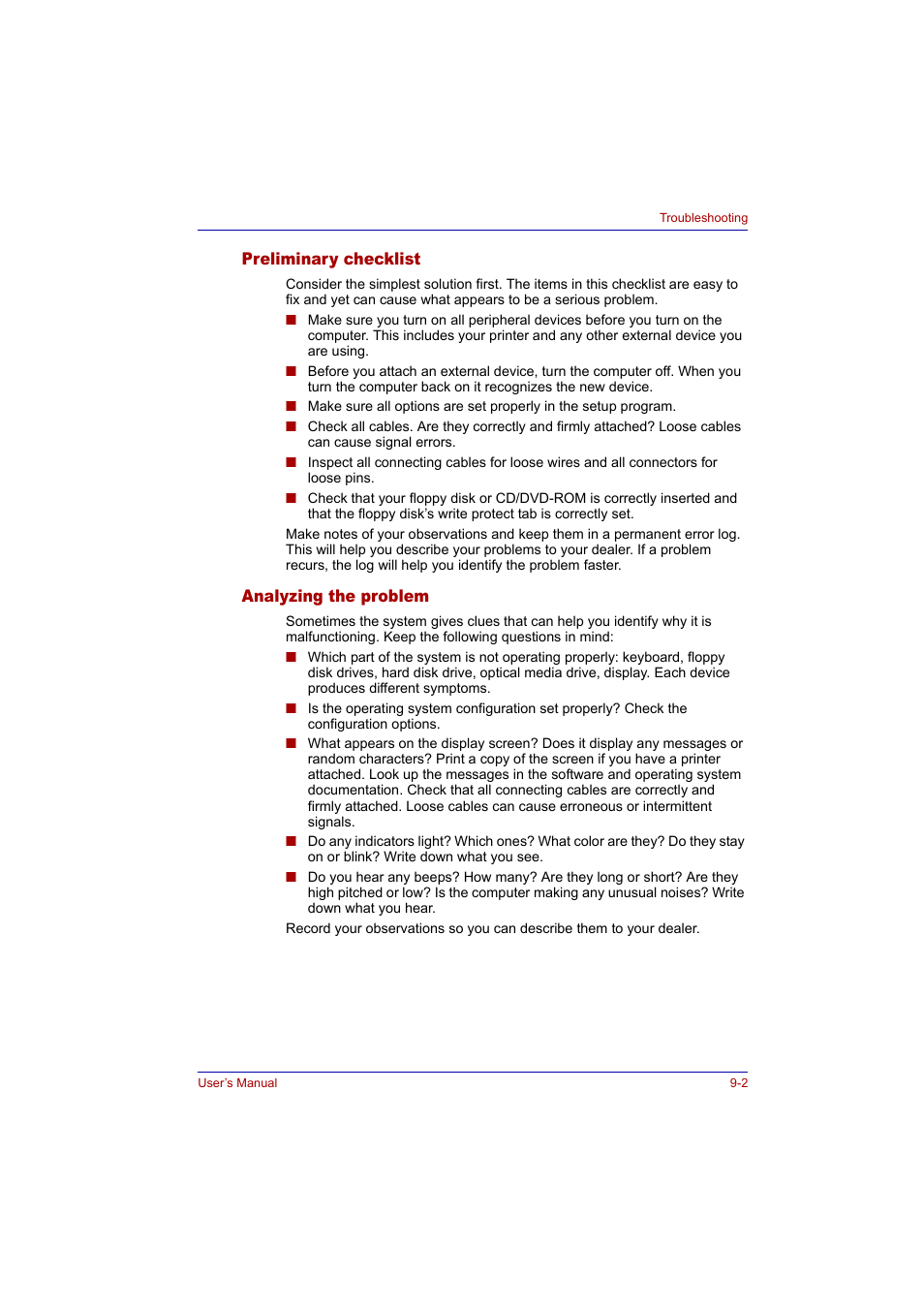 Preliminary checklist, Analyzing the problem, Preliminary checklist -2 analyzing the problem -2 | Toshiba Tecra A2 User Manual | Page 136 / 198
