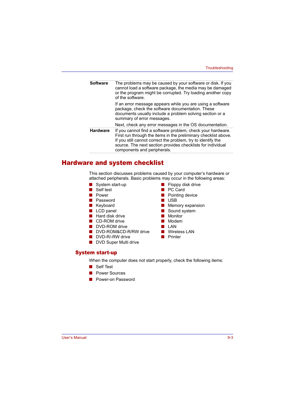 Hardware and system checklist, System start-up, Hardware and system checklist -3 | System start-up -3 | Toshiba Tecra A2 User Manual | Page 137 / 198