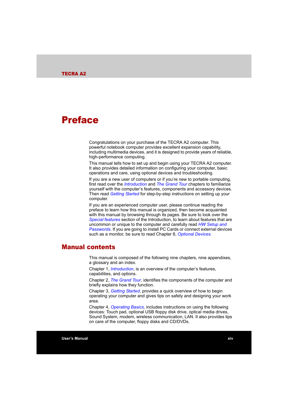 Preface, Manual contents | Toshiba Tecra A2 User Manual | Page 14 / 198