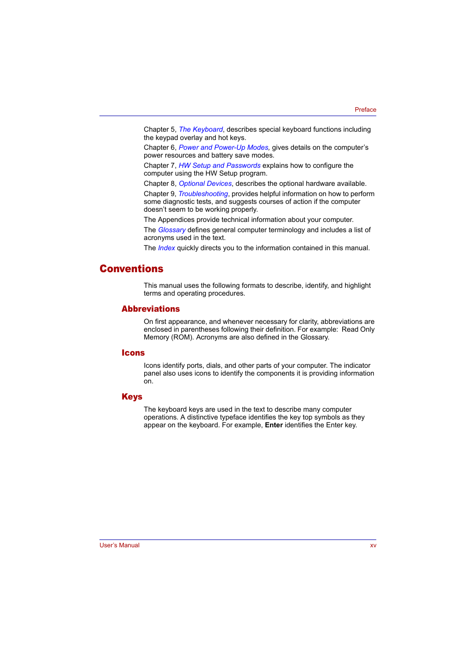 Conventions, Abbreviations, Icons | Keys | Toshiba Tecra A2 User Manual | Page 15 / 198