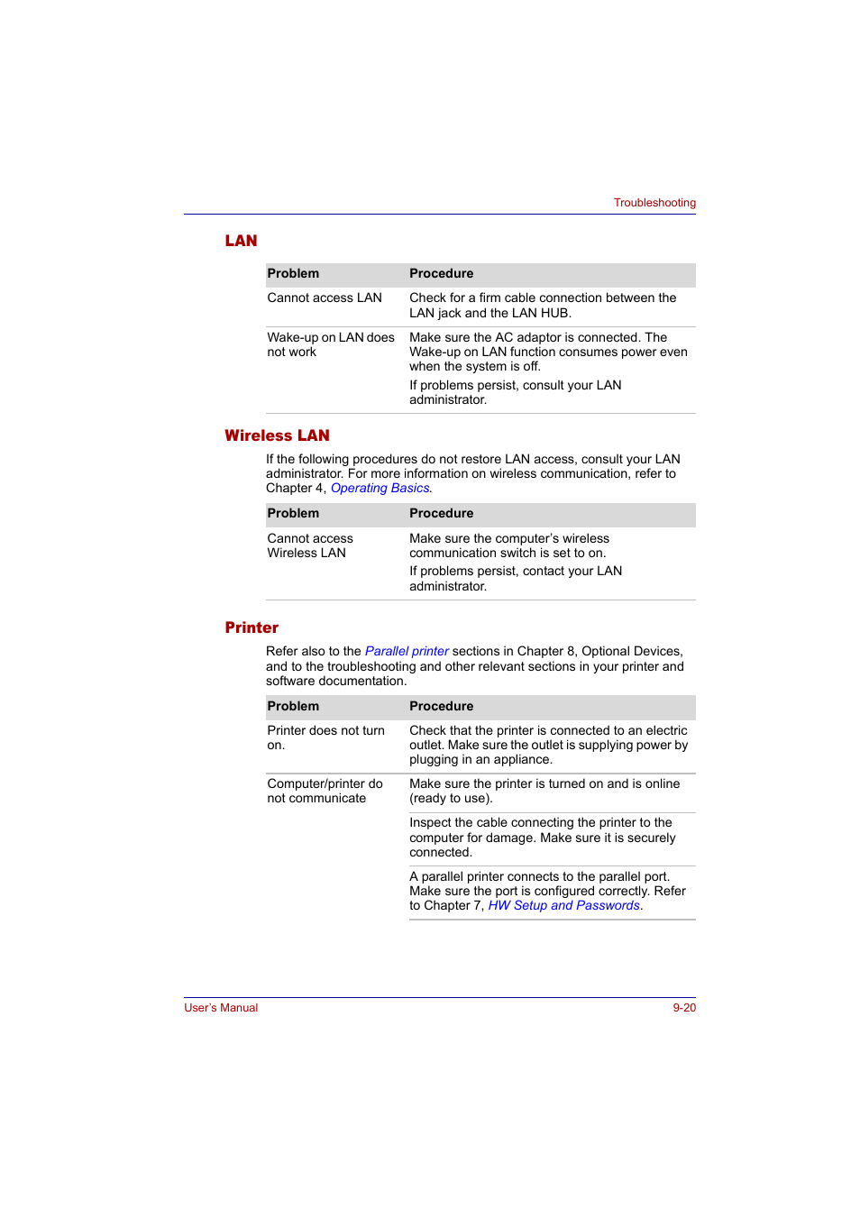 Wireless lan, Printer, Lan -20 wireless lan -20 printer -20 | Toshiba Tecra A2 User Manual | Page 154 / 198