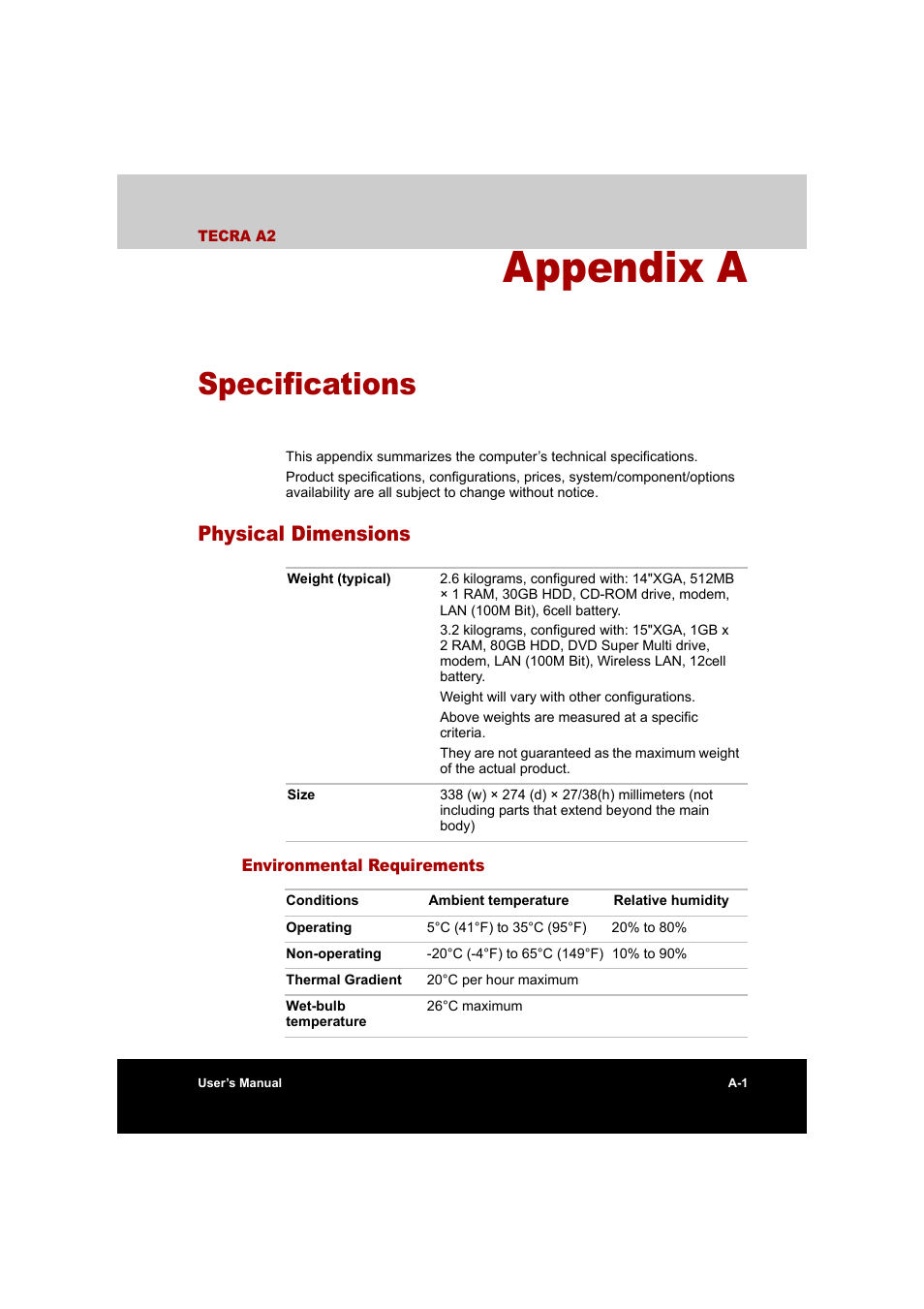 Appendix a specifications, Physical dimensions, Environmental requirements | Appendix a, Specifications | Toshiba Tecra A2 User Manual | Page 156 / 198