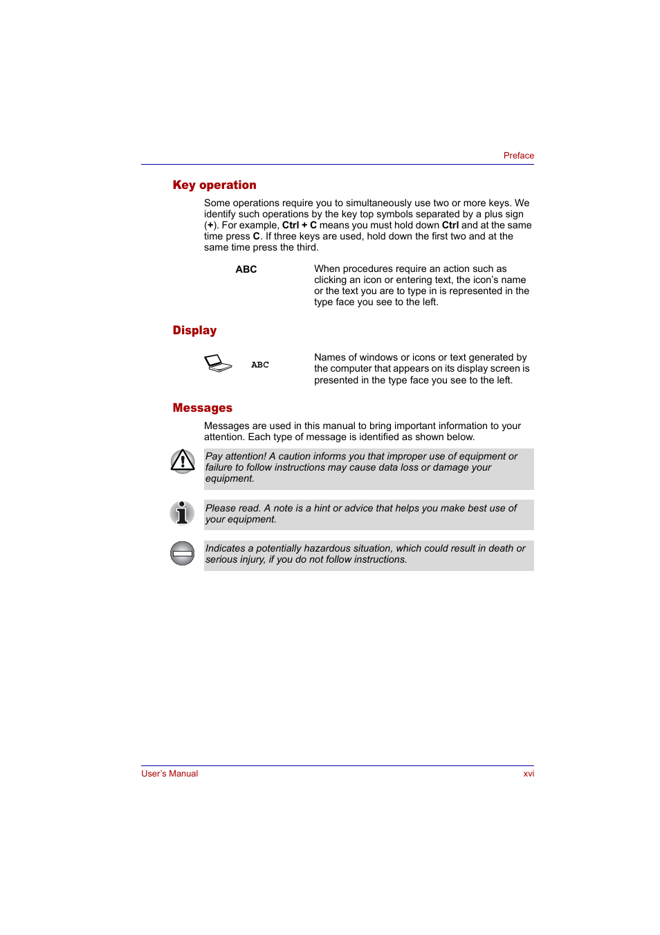 Key operation, Display, Messages | Toshiba Tecra A2 User Manual | Page 16 / 198