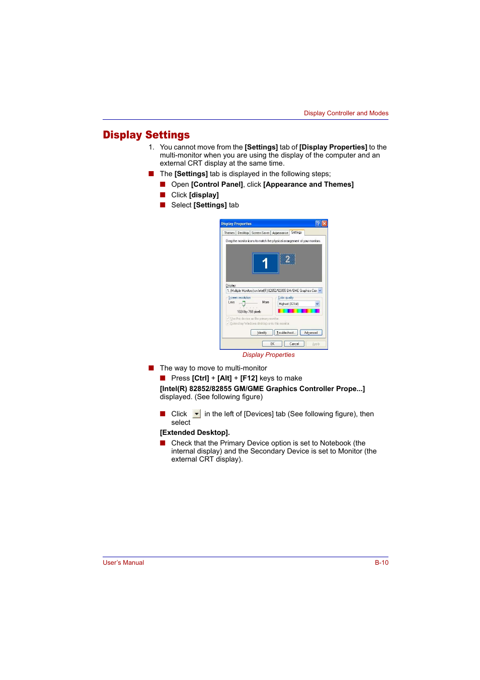 Display settings | Toshiba Tecra A2 User Manual | Page 168 / 198