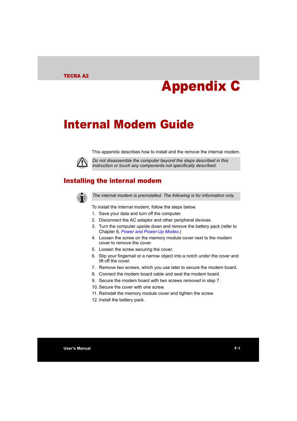 Appendix c internal modem guide, Installing the internal modem, Appendix c | Internal modem guide | Toshiba Tecra A2 User Manual | Page 172 / 198