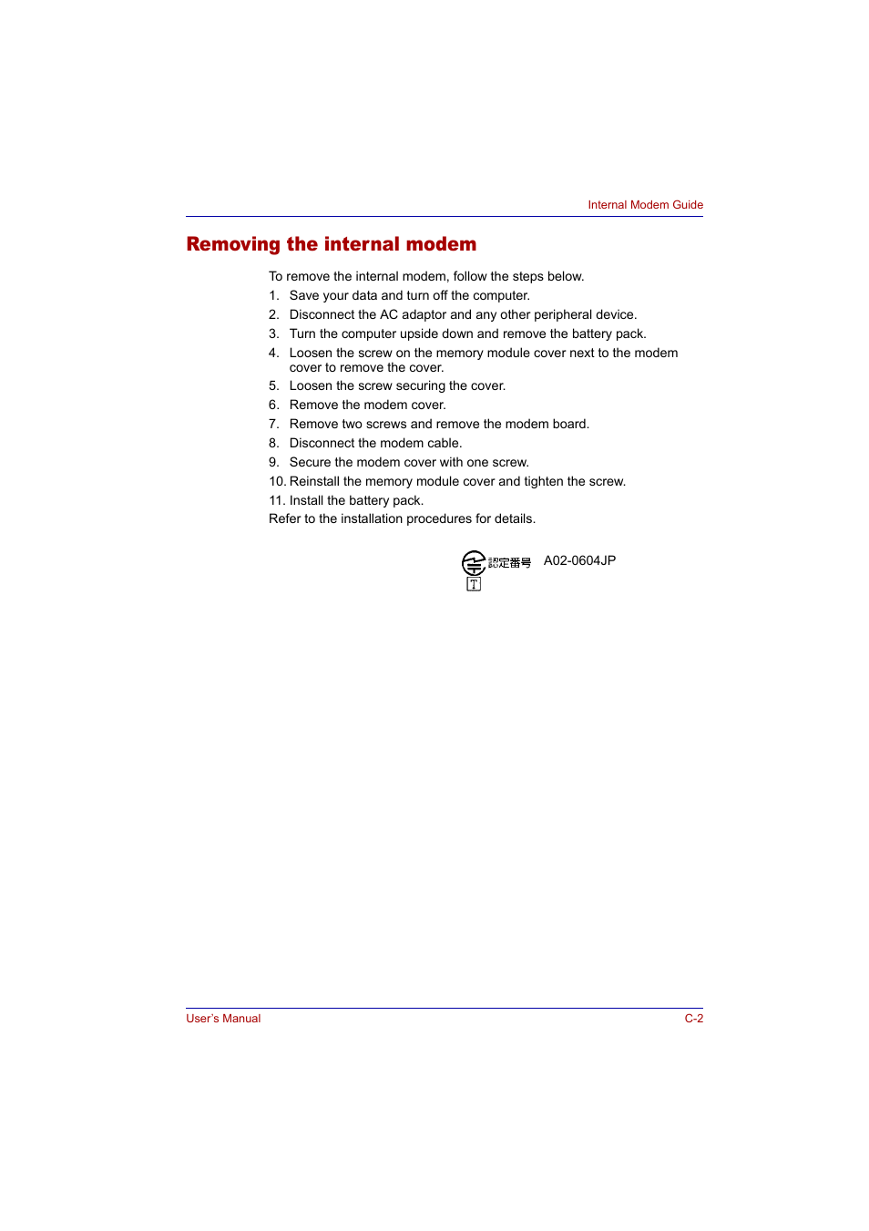 Removing the internal modem | Toshiba Tecra A2 User Manual | Page 173 / 198