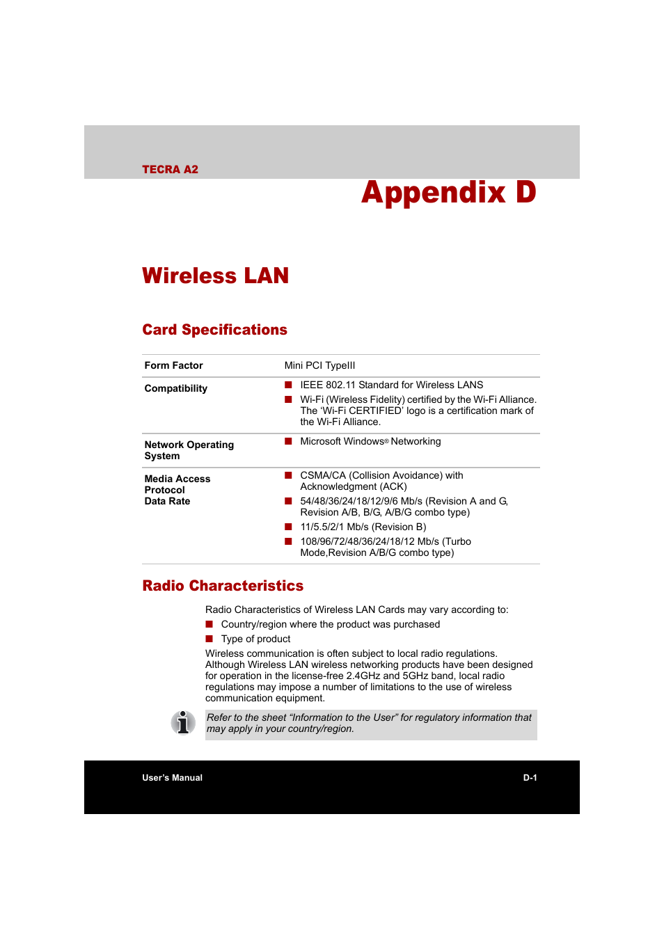 Appendix d wireless lan, Card specifications, Radio characteristics | Appendix d, Wireless lan, Card specifications radio characteristics | Toshiba Tecra A2 User Manual | Page 174 / 198