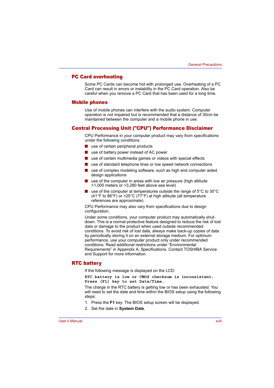 Pc card overheating, Mobile phones, Rtc battery | Toshiba Tecra A2 User Manual | Page 18 / 198