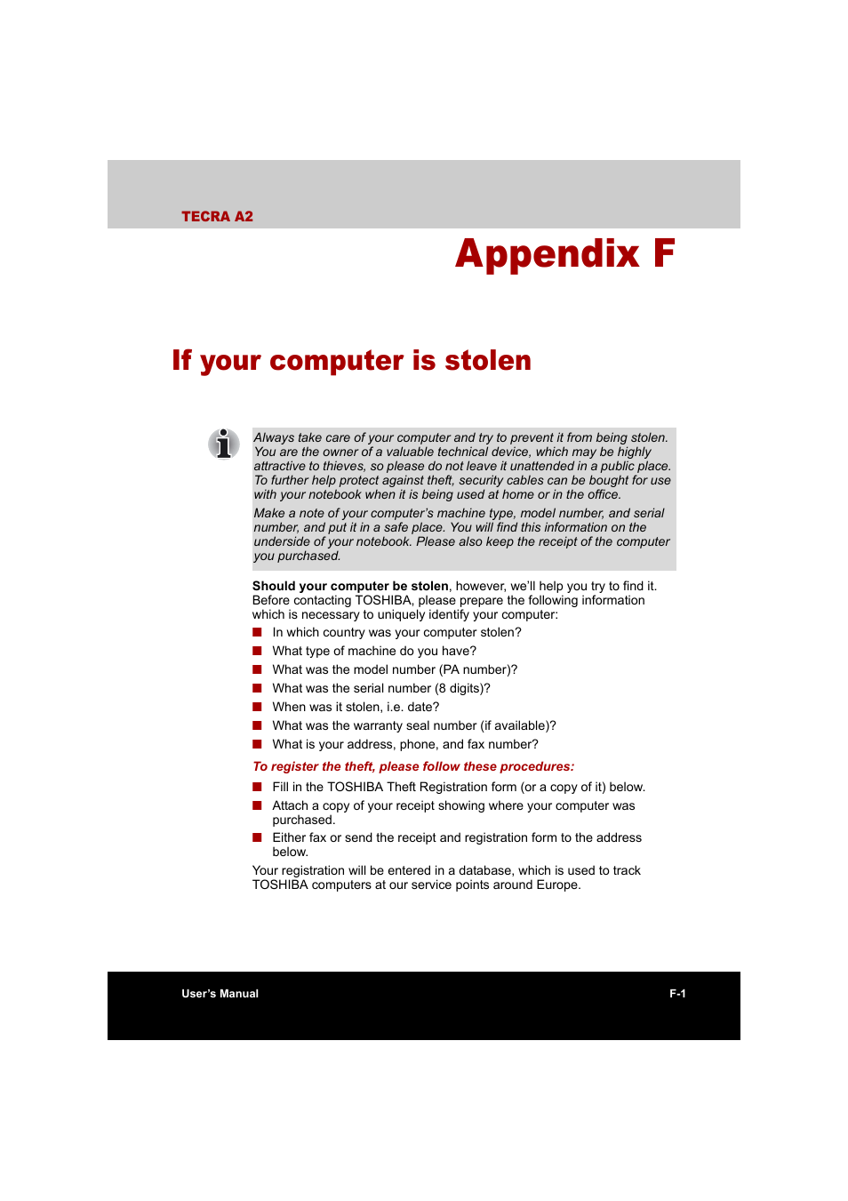 Appendix f if your computer is stolen, Appendix f, If your computer is stolen | Toshiba Tecra A2 User Manual | Page 180 / 198