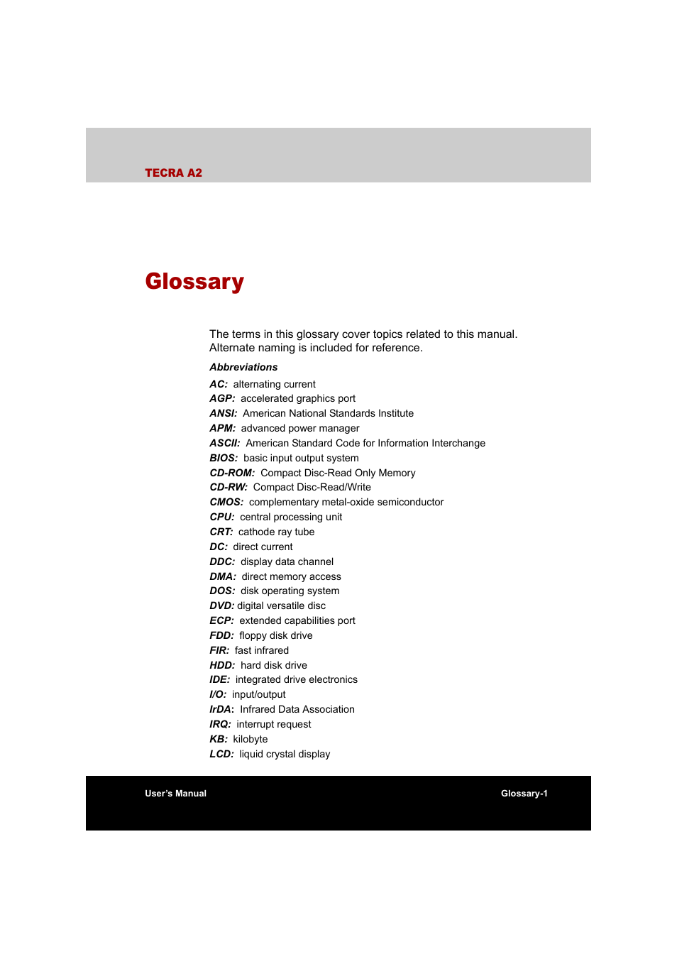 Glossary | Toshiba Tecra A2 User Manual | Page 182 / 198