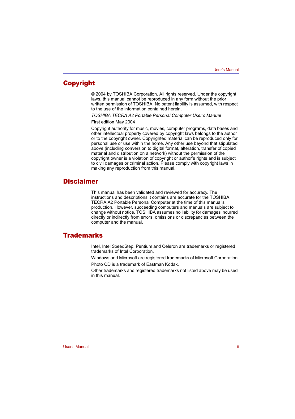 Copyright, Disclaimer, Trademarks | Toshiba Tecra A2 User Manual | Page 2 / 198