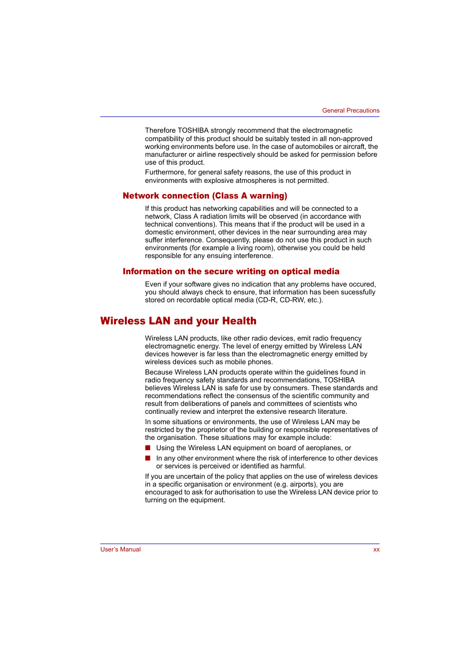 Network connection (class a warning), Information on the secure writing on optical media, Wireless lan and your health | Toshiba Tecra A2 User Manual | Page 20 / 198