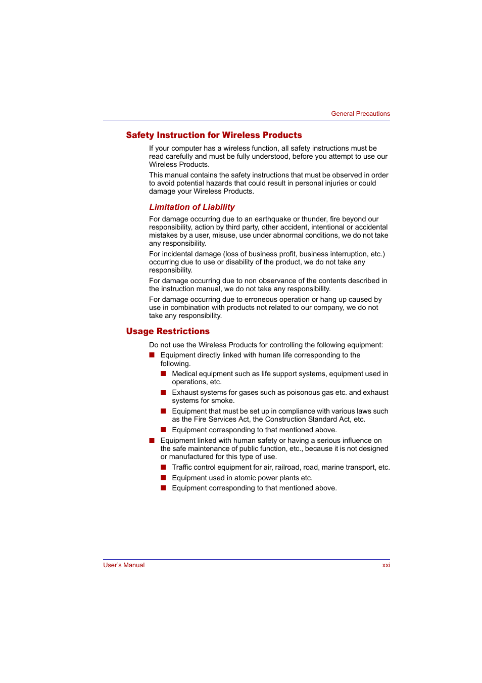 Safety instruction for wireless products, Usage restrictions | Toshiba Tecra A2 User Manual | Page 21 / 198
