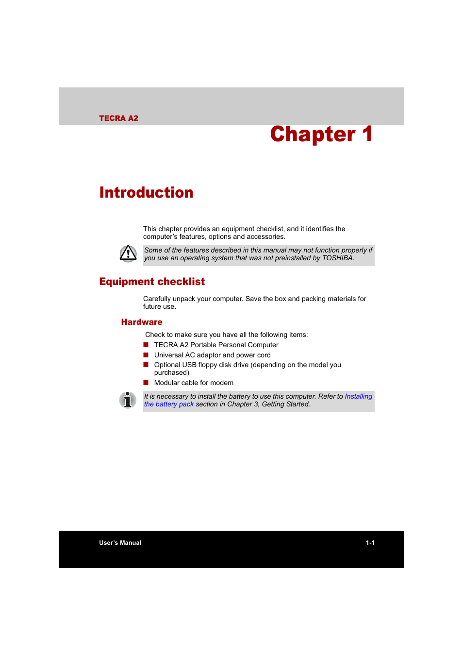 Chapter 1 introduction, Equipment checklist, Hardware | Introduction, Equipment checklist -1, Hardware -1, Is an overvie, Chapter 1 | Toshiba Tecra A2 User Manual | Page 23 / 198