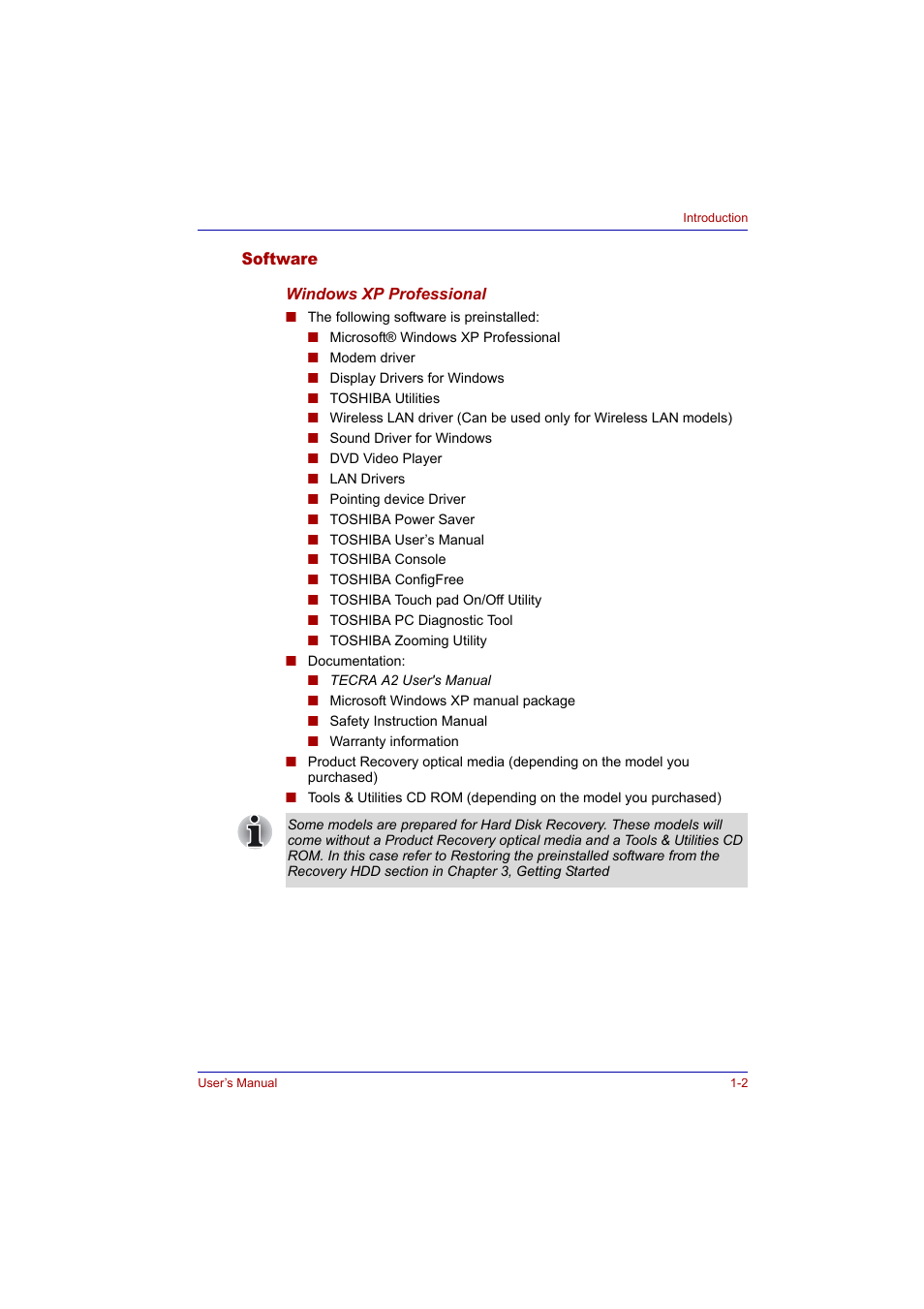 Software, Software -2 | Toshiba Tecra A2 User Manual | Page 24 / 198
