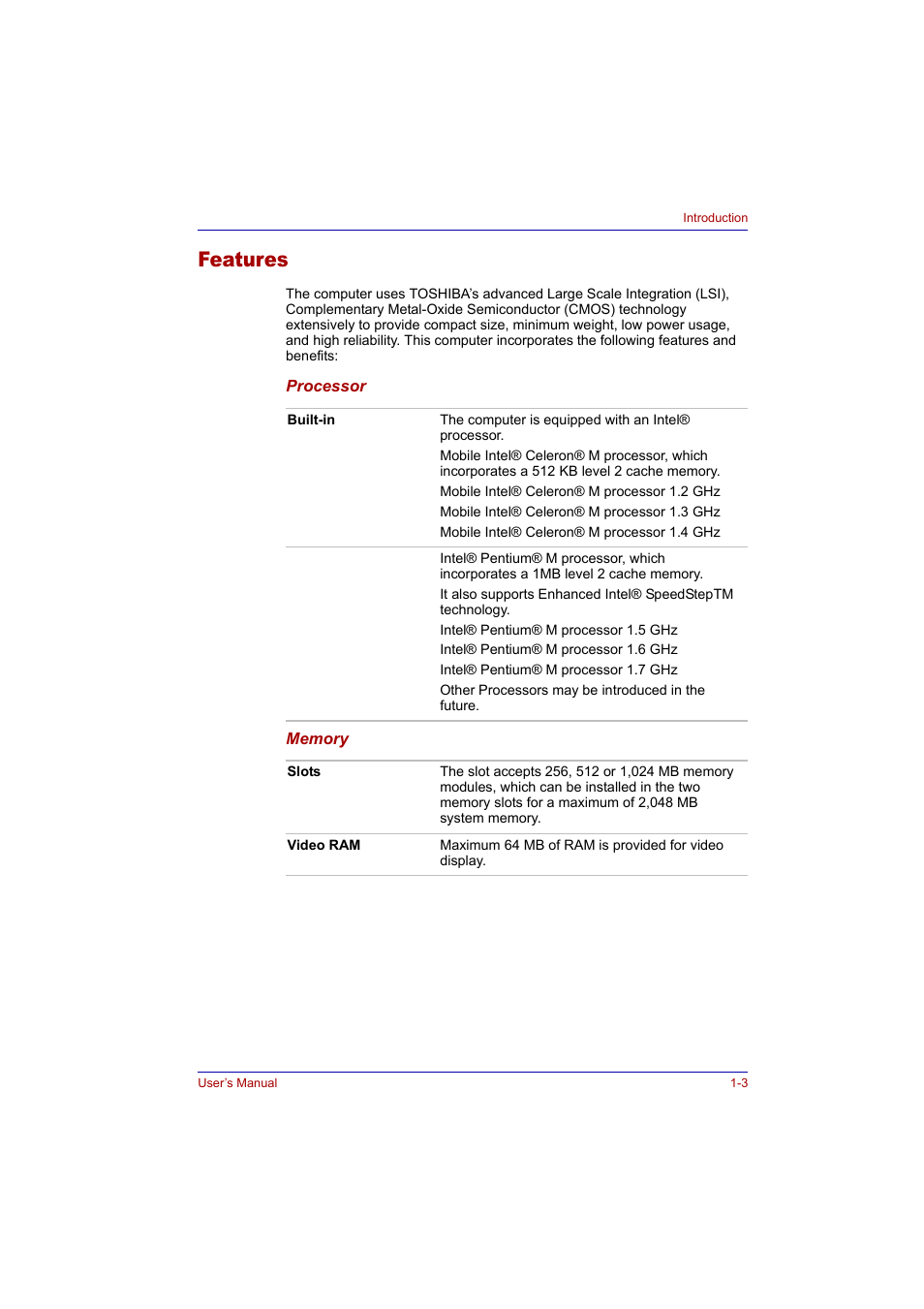 Features, Features -3 | Toshiba Tecra A2 User Manual | Page 25 / 198