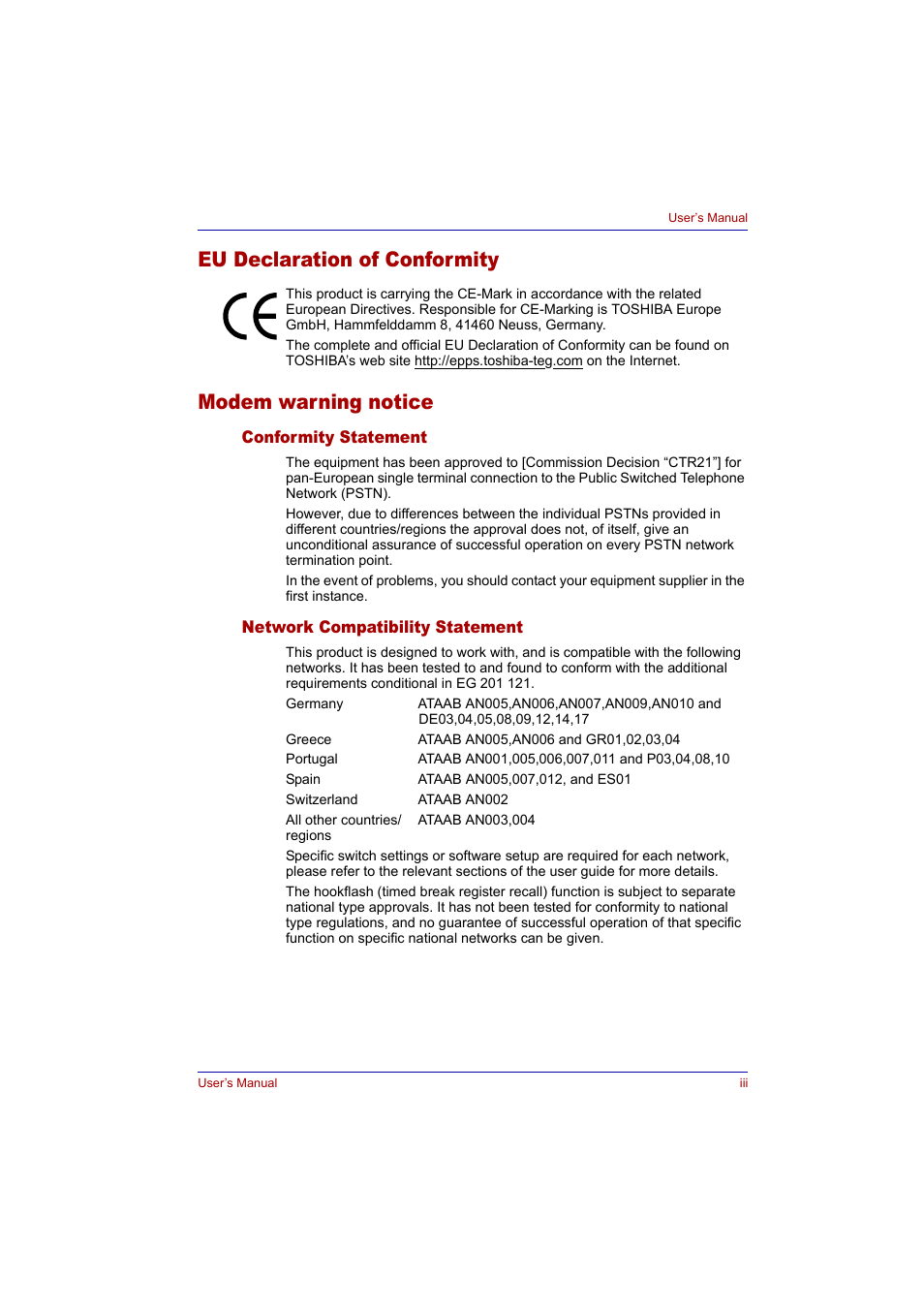 Eu declaration of conformity, Modem warning notice, Conformity statement | Network compatibility statement | Toshiba Tecra A2 User Manual | Page 3 / 198