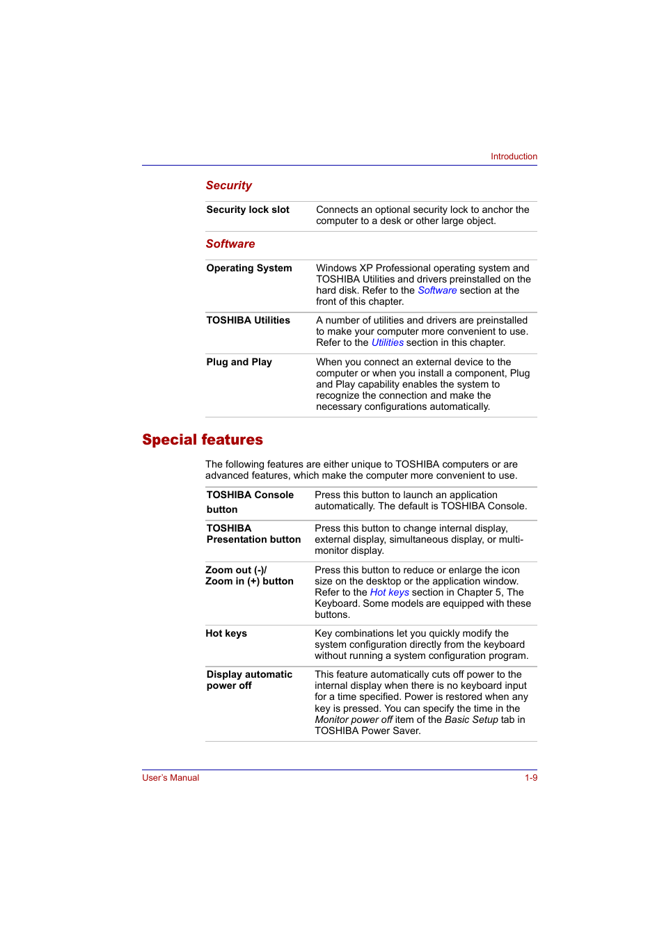 Special features, Special features -9 | Toshiba Tecra A2 User Manual | Page 31 / 198