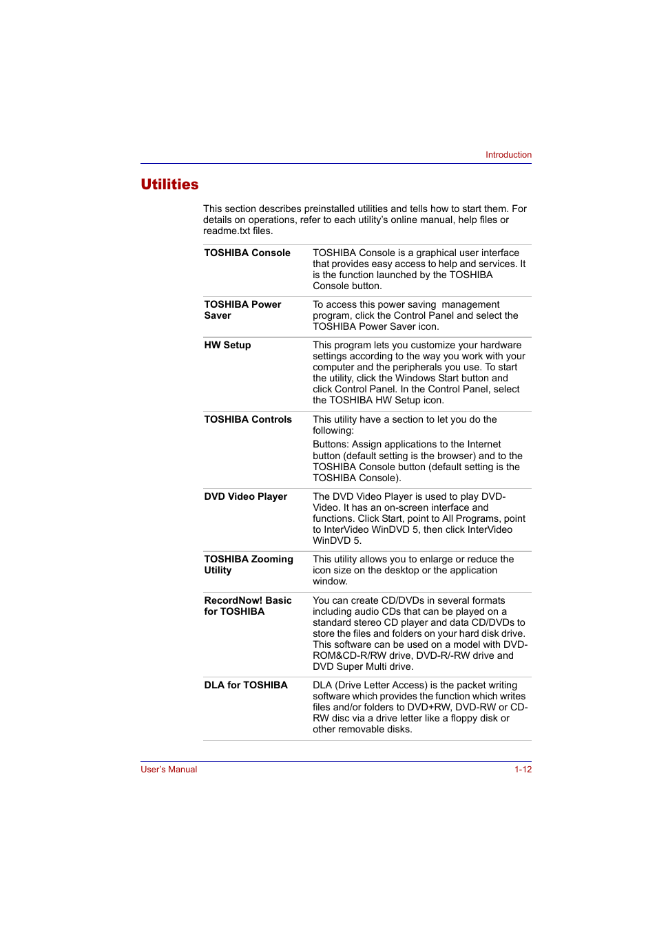 Utilities, Utilities -12 | Toshiba Tecra A2 User Manual | Page 34 / 198