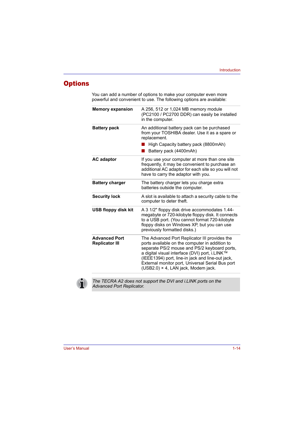 Options, Options -14 | Toshiba Tecra A2 User Manual | Page 36 / 198