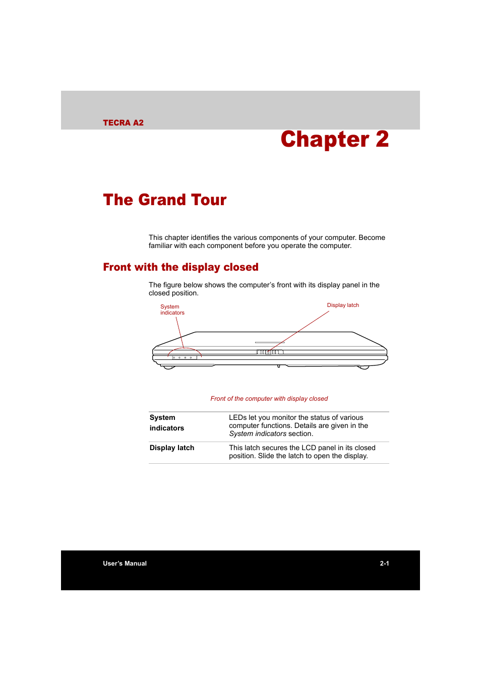Chapter 2 the grand tour, Front with the display closed, The grand tour | Front with the display closed -1, Chapter 2 | Toshiba Tecra A2 User Manual | Page 37 / 198