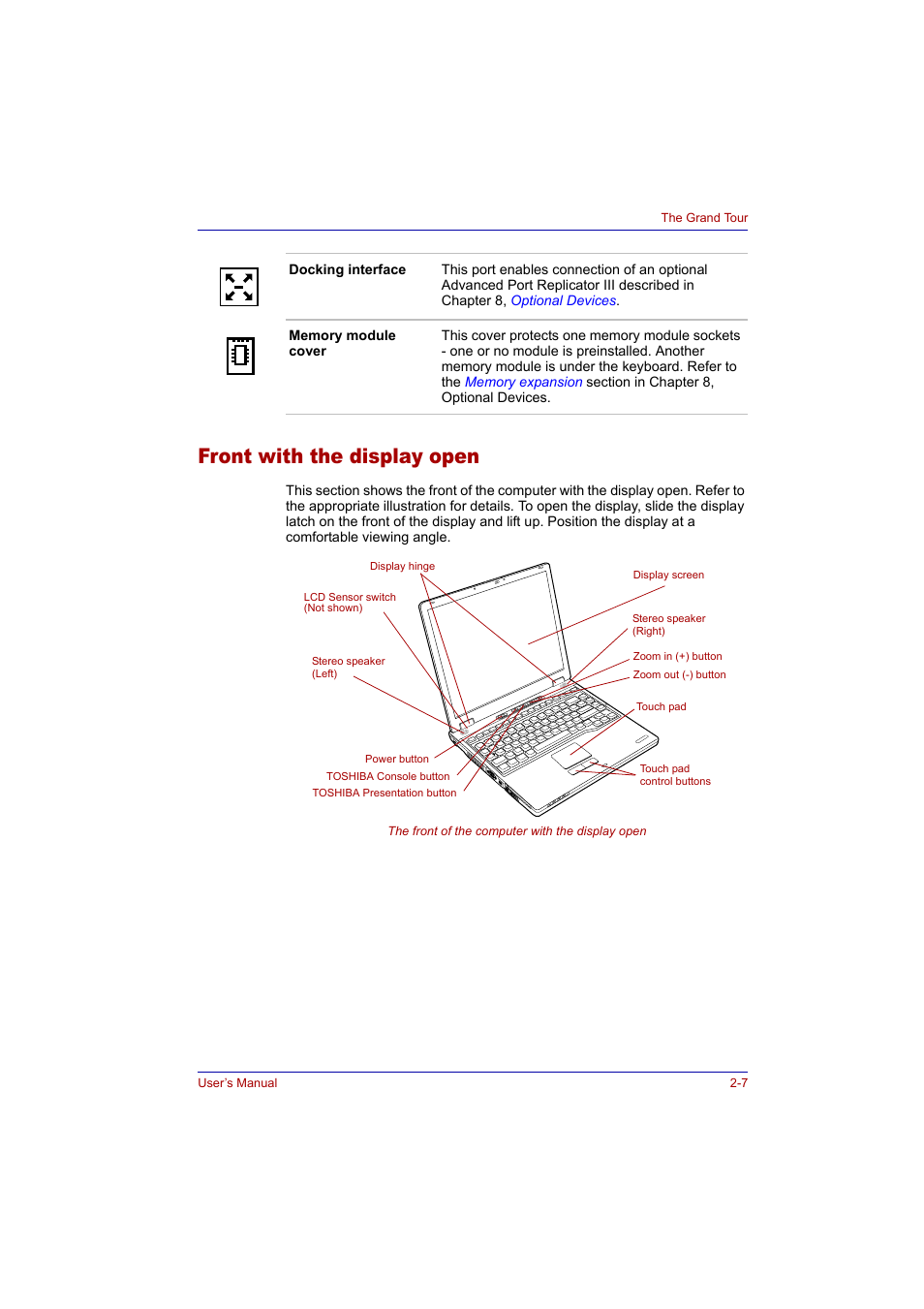 Front with the display open, Front with the display open -7 | Toshiba Tecra A2 User Manual | Page 43 / 198
