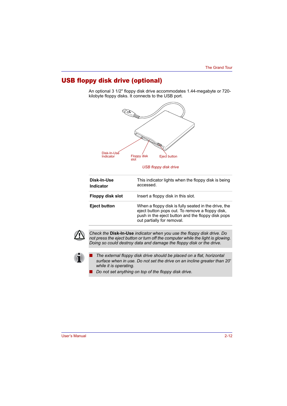 Usb floppy disk drive (optional), Usb floppy disk drive (optional) -12 | Toshiba Tecra A2 User Manual | Page 48 / 198