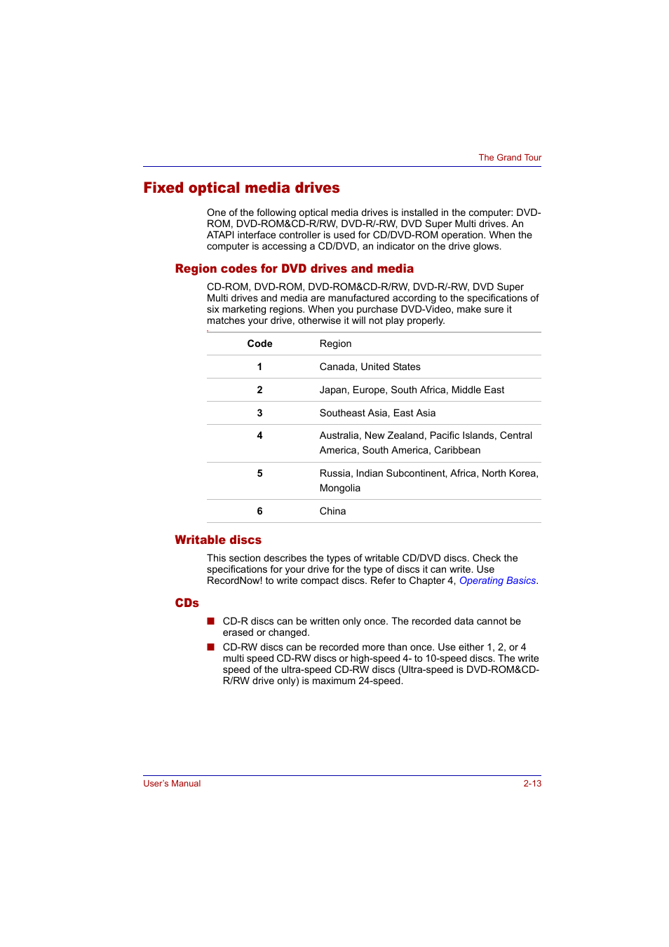 Fixed optical media drives, Region codes for dvd drives and media, Writable discs | Fixed optical media drives -13 | Toshiba Tecra A2 User Manual | Page 49 / 198