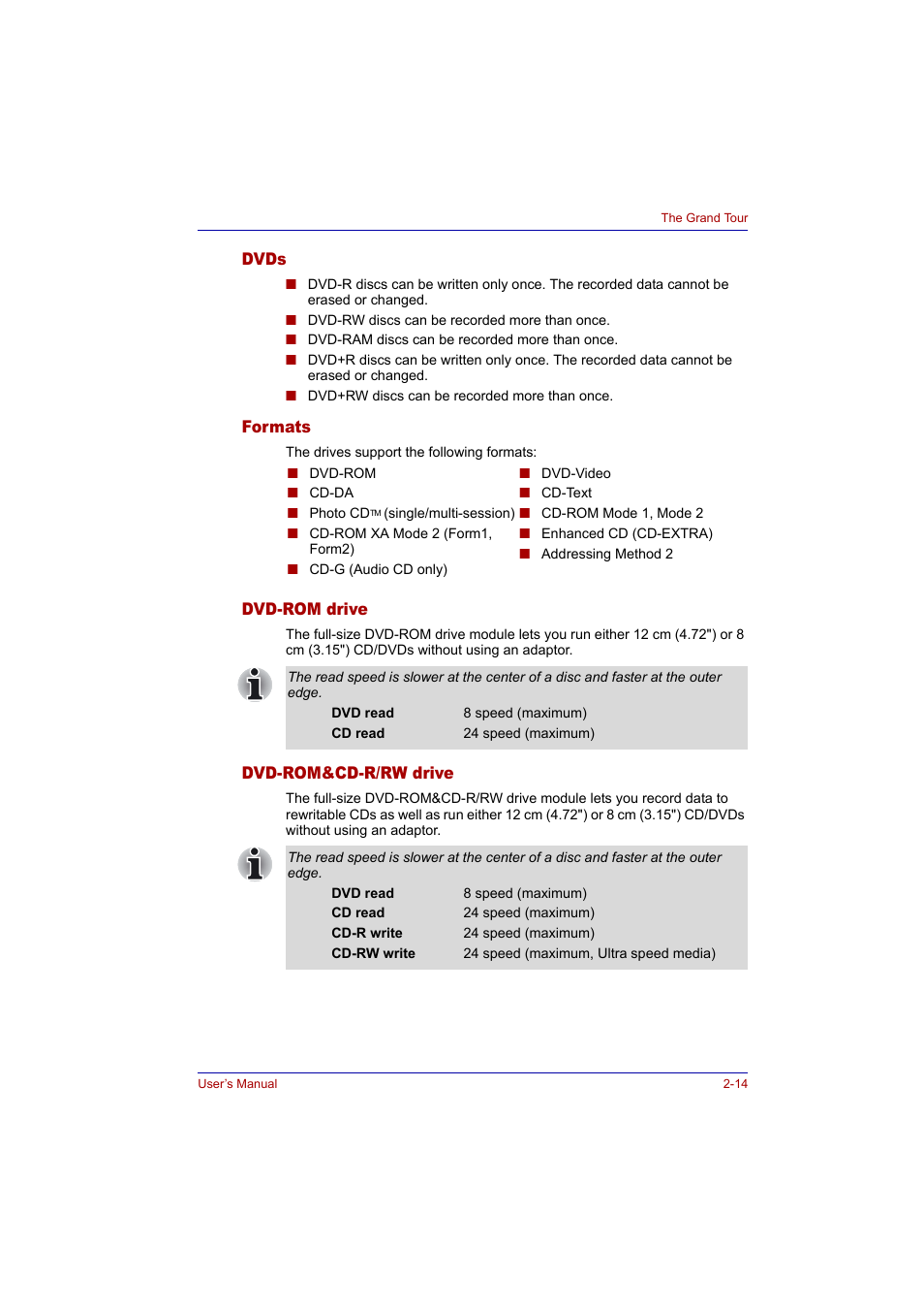 Dvds, Formats, Dvd-rom drive | Dvd-rom&cd-r/rw drive | Toshiba Tecra A2 User Manual | Page 50 / 198