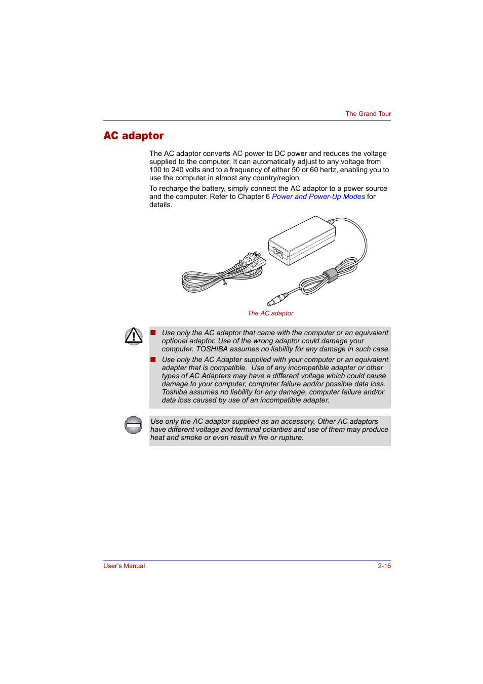 Ac adaptor, Ac adaptor -16 | Toshiba Tecra A2 User Manual | Page 52 / 198