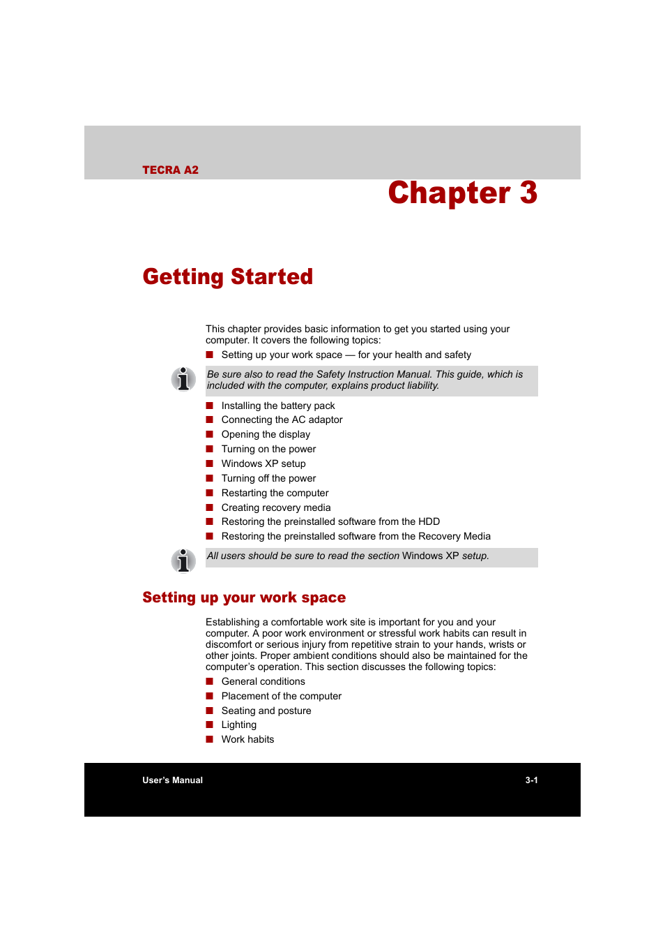 Chapter 3 getting started, Setting up your work space, Getting started | Setting up your work space -1, Provi, Chapter 3 | Toshiba Tecra A2 User Manual | Page 53 / 198
