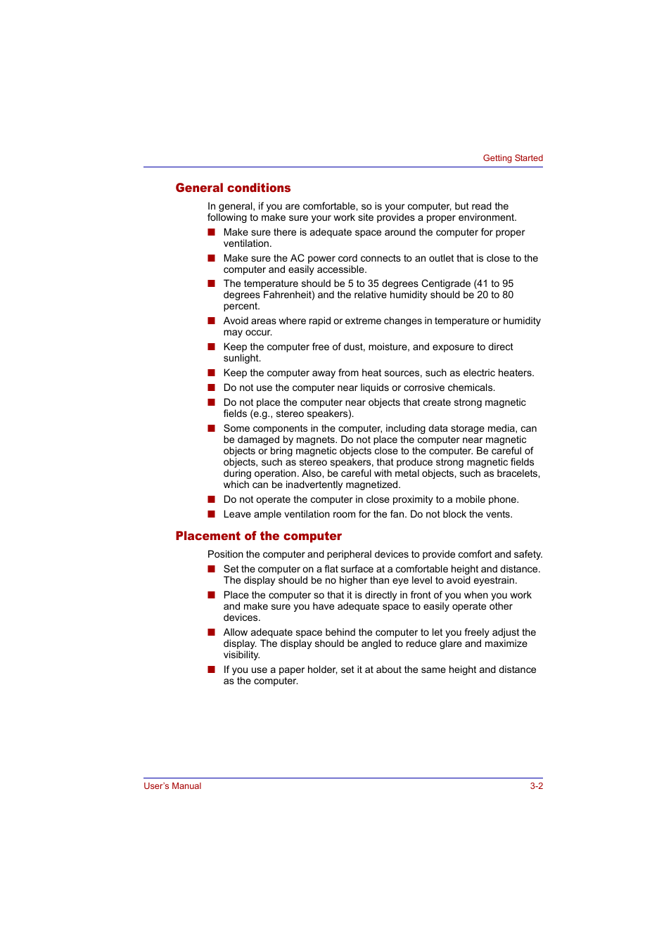 General conditions, Placement of the computer, General conditions -2 placement of the computer -2 | Toshiba Tecra A2 User Manual | Page 54 / 198