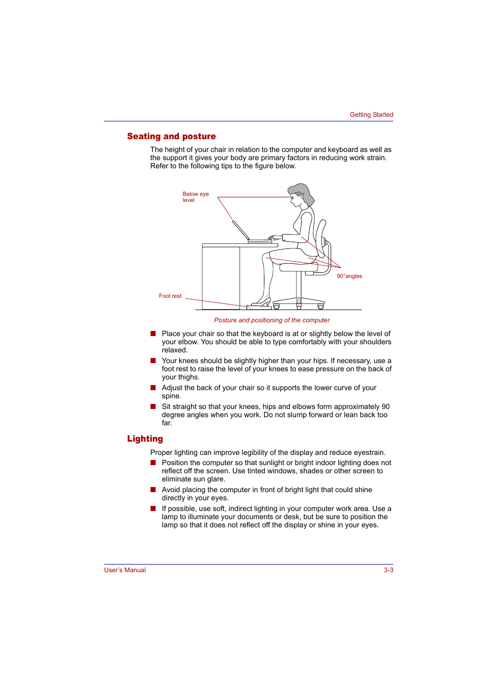 Seating and posture, Lighting, Seating and posture -3 lighting -3 | Toshiba Tecra A2 User Manual | Page 55 / 198