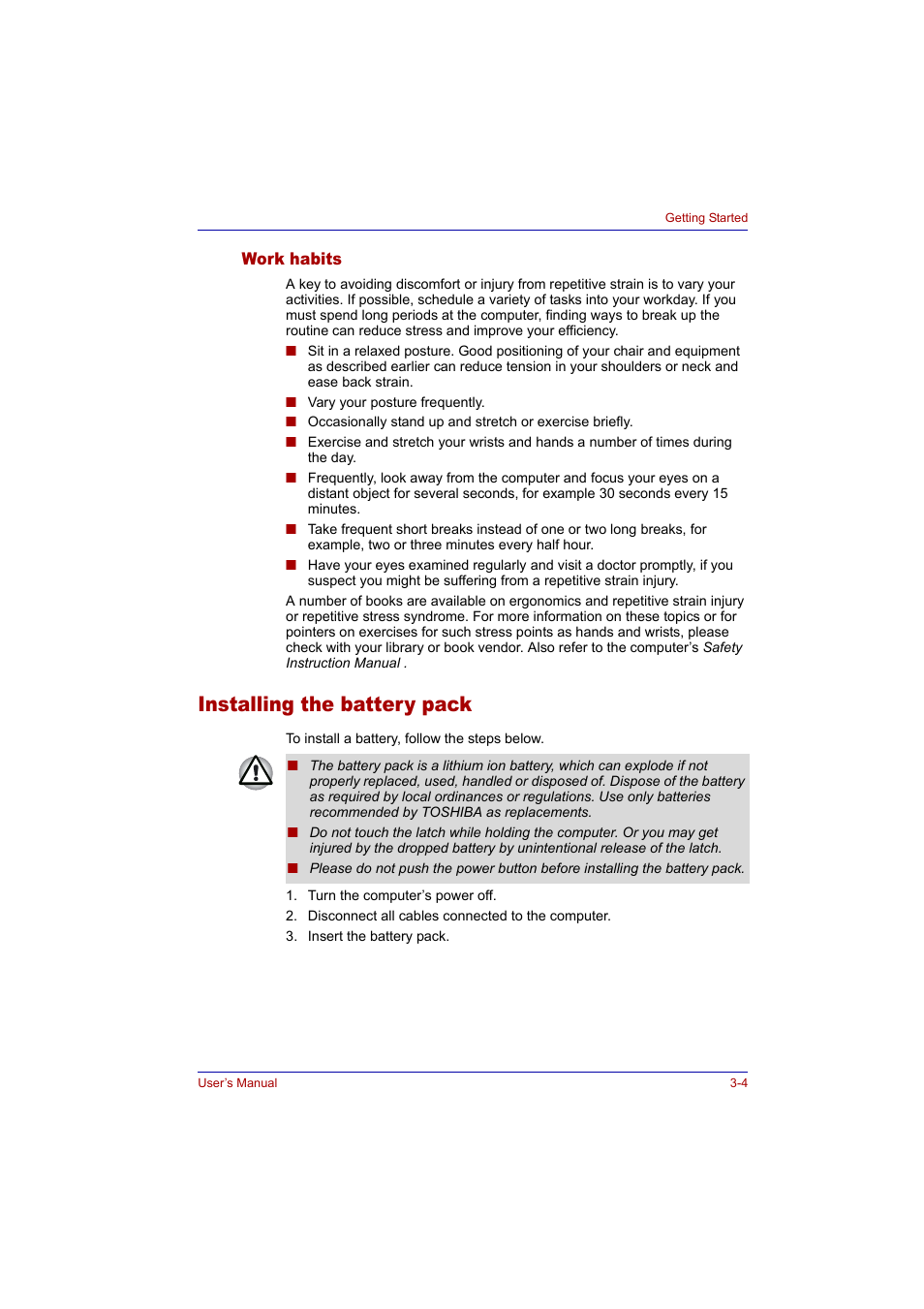Work habits, Installing the battery pack, Work habits -4 | Installing the battery pack -4 | Toshiba Tecra A2 User Manual | Page 56 / 198