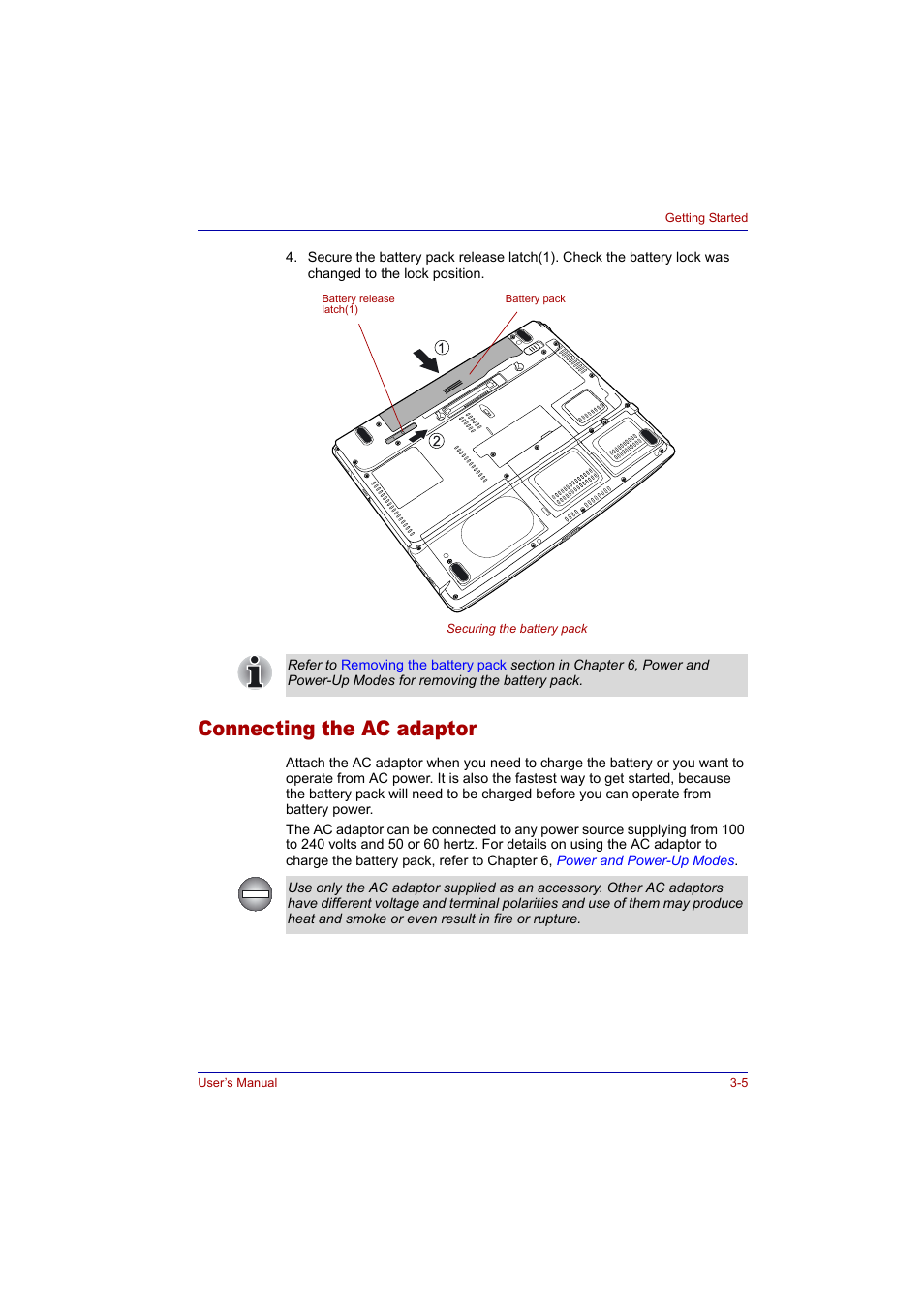 Connecting the ac adaptor, Connecting the ac adaptor -5 | Toshiba Tecra A2 User Manual | Page 57 / 198