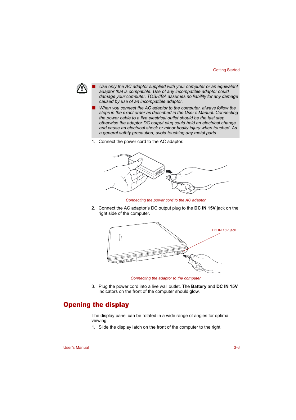 Opening the display, Opening the display -6 | Toshiba Tecra A2 User Manual | Page 58 / 198