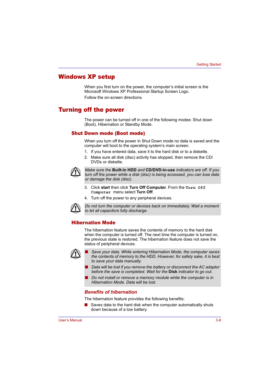 Windows xp setup, Turning off the power, Shut down mode (boot mode) | Hibernation mode, Windows xp setup -8 turning off the power -8, Shut down mode (boot mode) -8 hibernation mode -8 | Toshiba Tecra A2 User Manual | Page 60 / 198