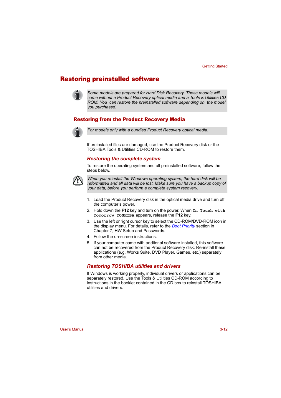 Restoring preinstalled software, Restoring from the product recovery media, Restoring preinstalled software -12 | Restoring from the product recovery media -12 | Toshiba Tecra A2 User Manual | Page 64 / 198