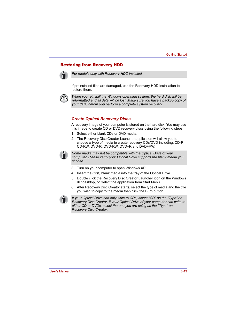 Restoring from recovery hdd, Restoring from recovery hdd -13 | Toshiba Tecra A2 User Manual | Page 65 / 198